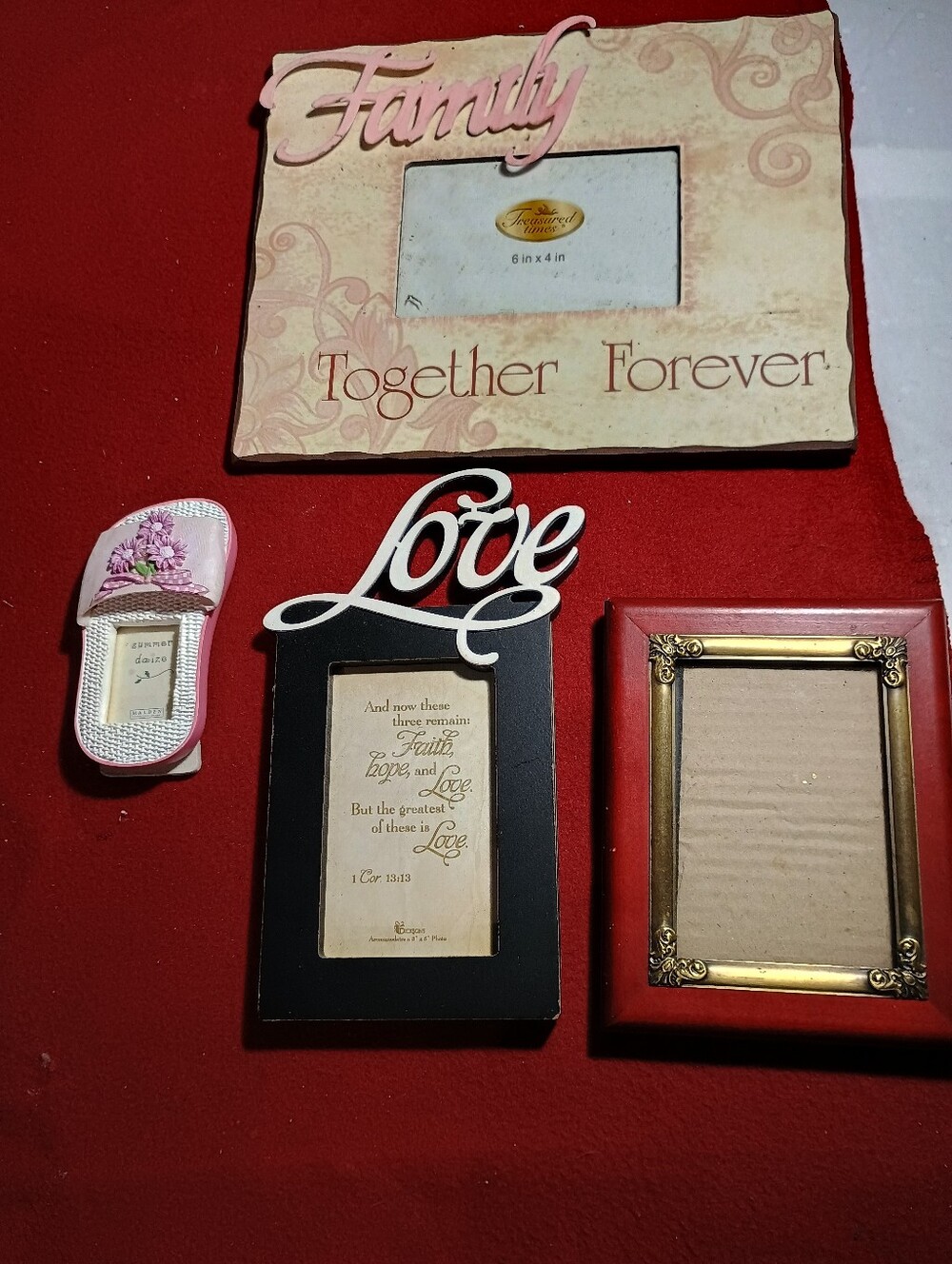 Collection of 4 Picture Frames Love (Religious) Family, Summer Daize etc...